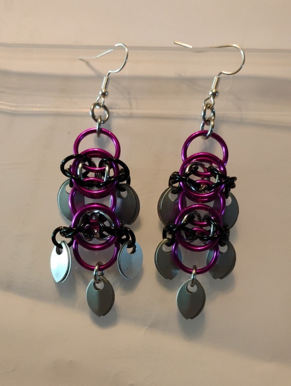 Violet And Black Chainmail Chandelier Earrings